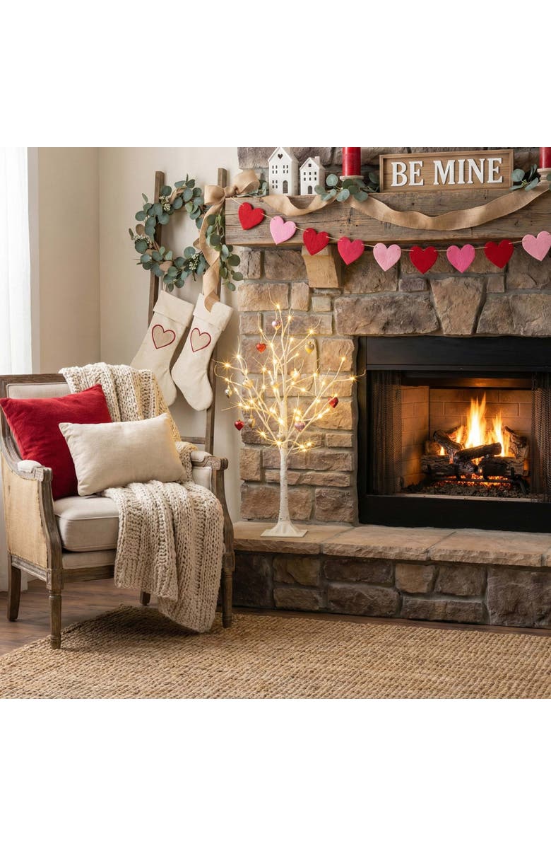 NEARLY NATURAL 3-ft Pre-Lit Artificial Valentine's Day Twig Tree with 12 Warm White LED Lights and Heart Ornaments, Alternate, color, White