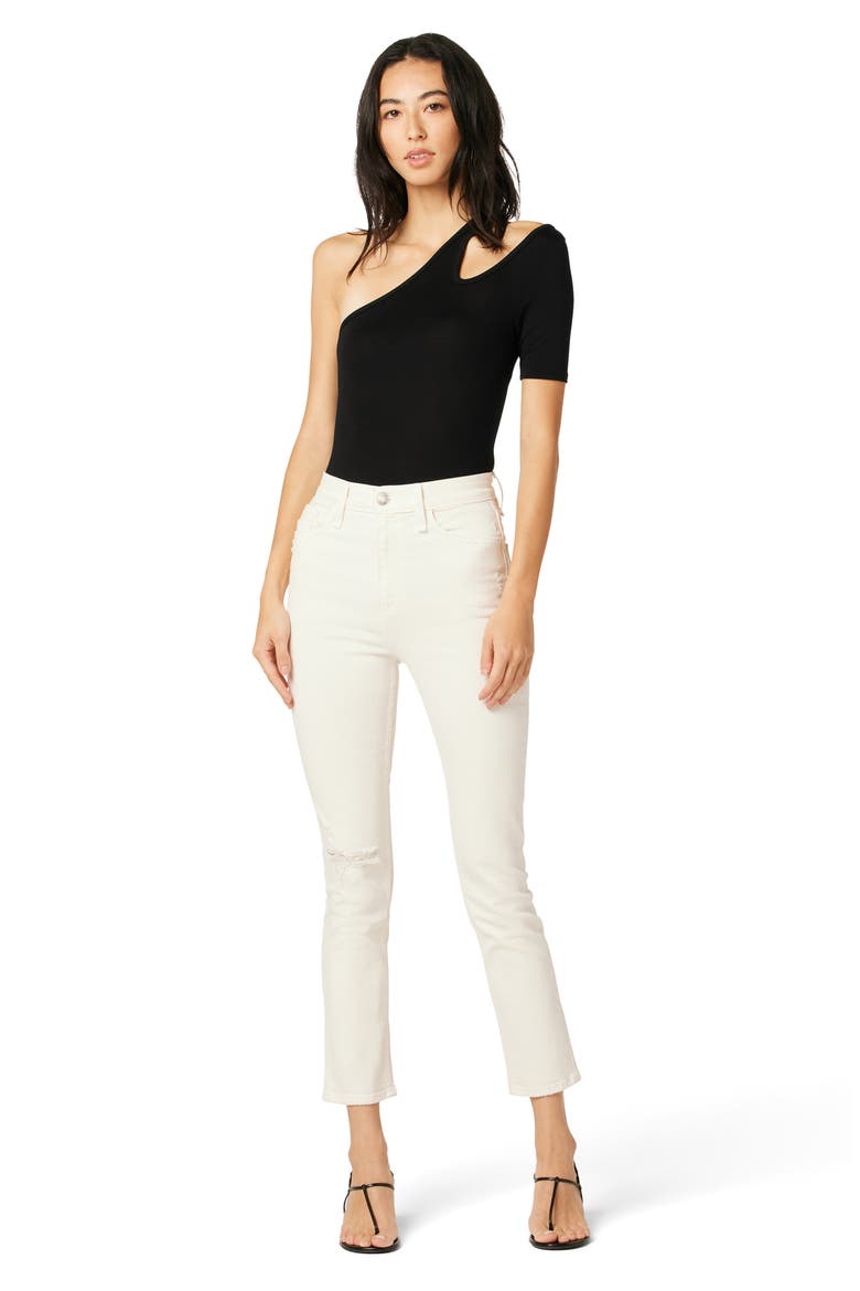 Asymmetric Cutout One-Shoulder Bodysuit, Alternate, color, BLACK
