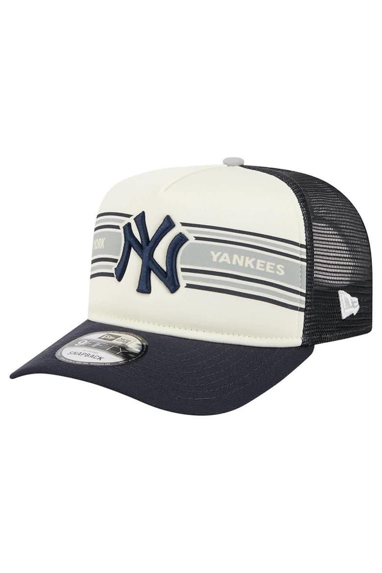 Men's New Era Cream/Navy New York Yankees Banner A-Frame 9FIFTY Trucker Snapback Hat, Main, color, Cream