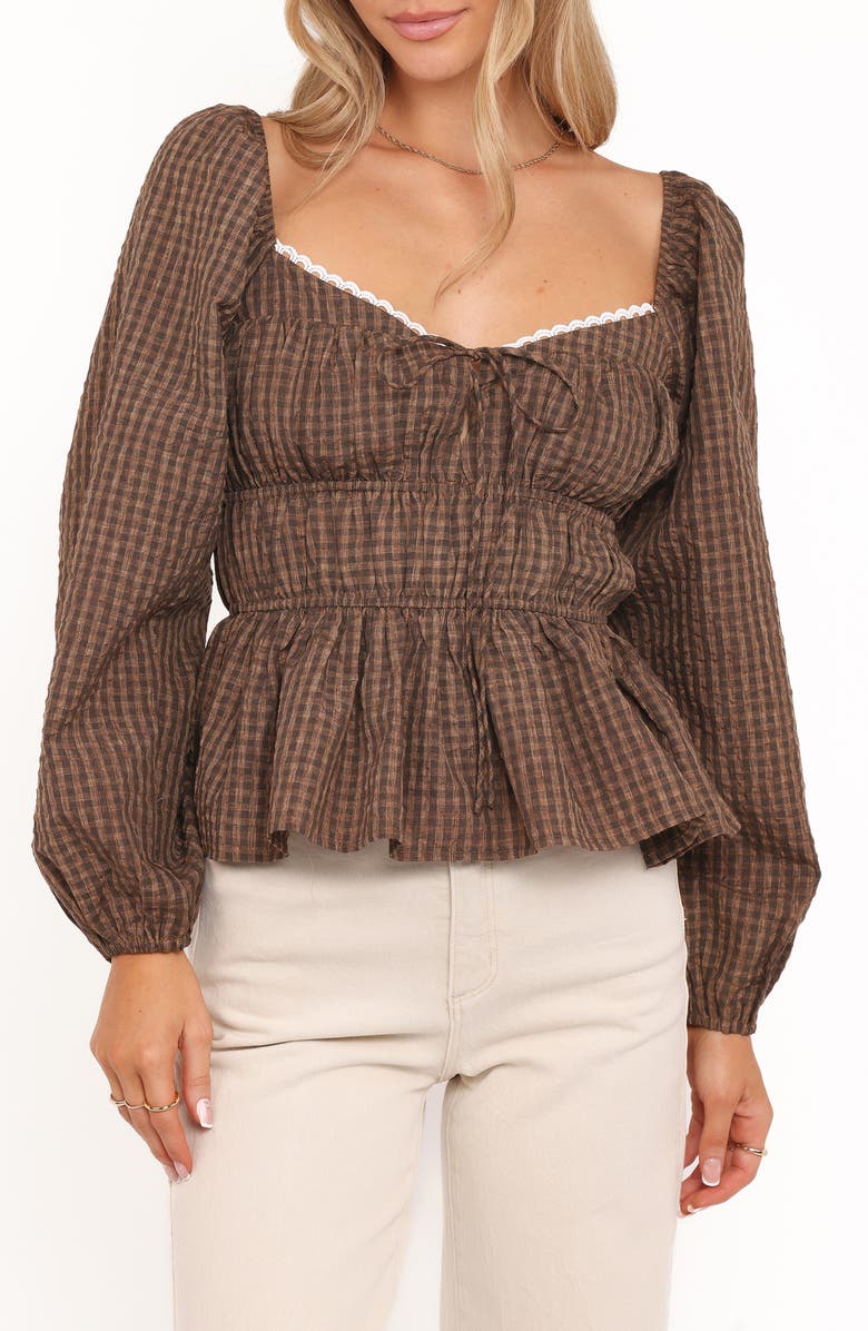 Petal & Pup Saphia Check Peplum Top, Main, color, Brown Check