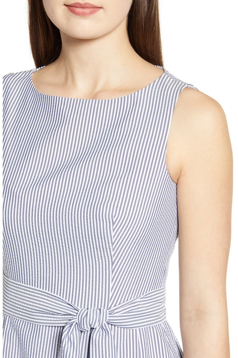 Seersucker Sleeveless Fit & Flare Dress, Alternate, color, MOON GREY/ WHITE