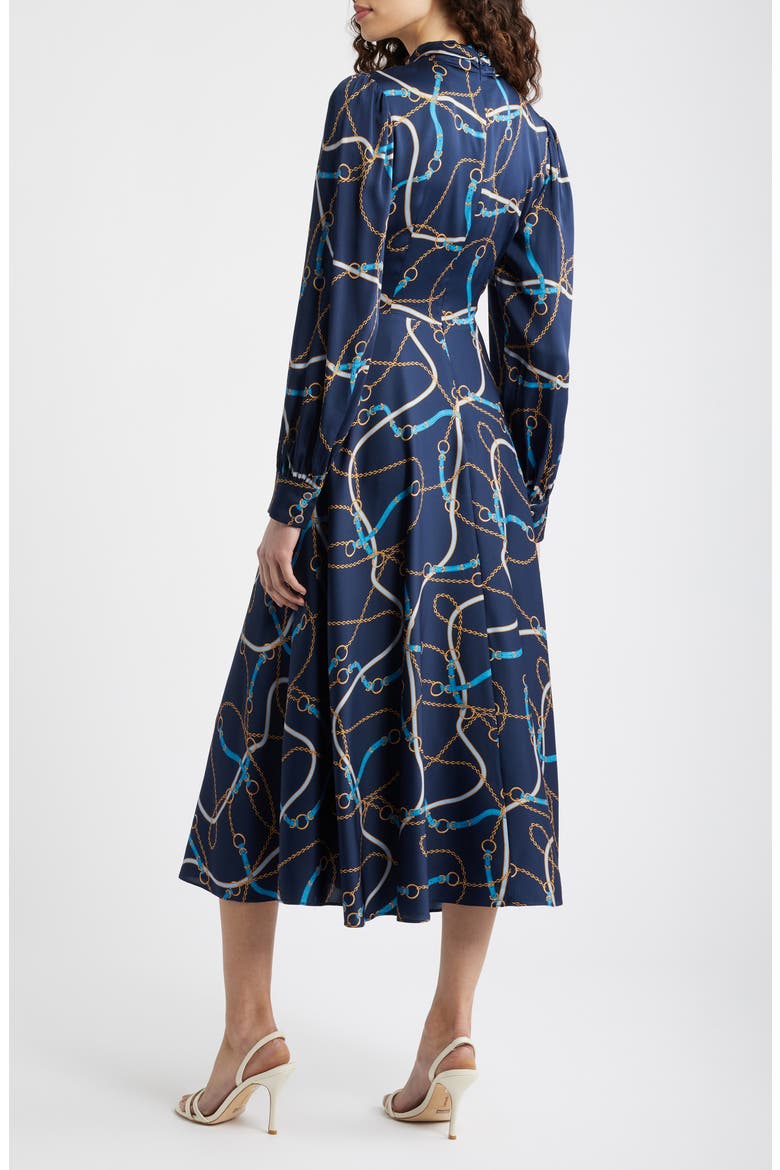 The Raquel Placed Floral Long Sleeve Silk Blend Dress, Alternate, color, DENIM CHAIN PRINT