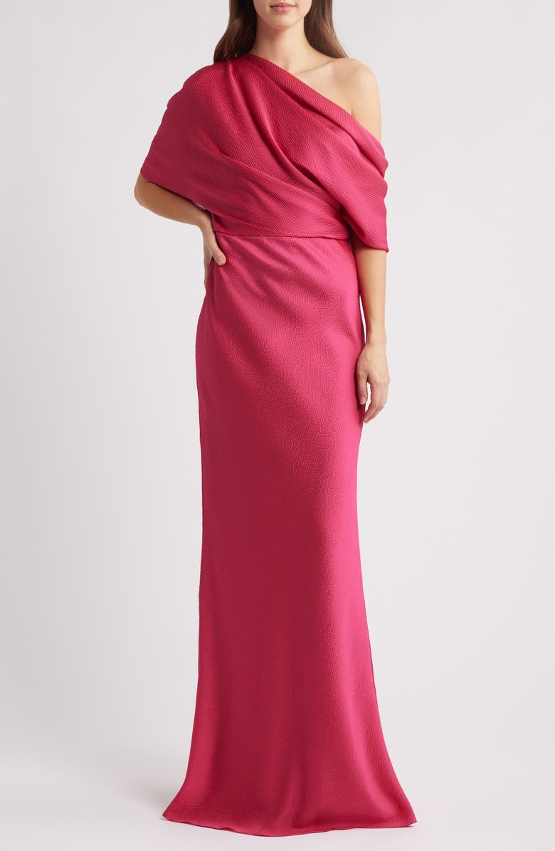 Amsale Slouch One-Shoulder Hammered Satin Gown, Main, color, Magenta