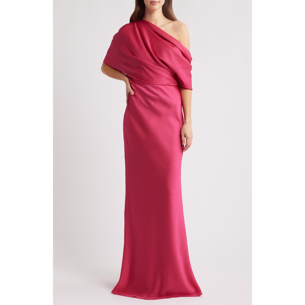 Amsale Slouch One-shoulder Hammered Satin Gown In Magenta