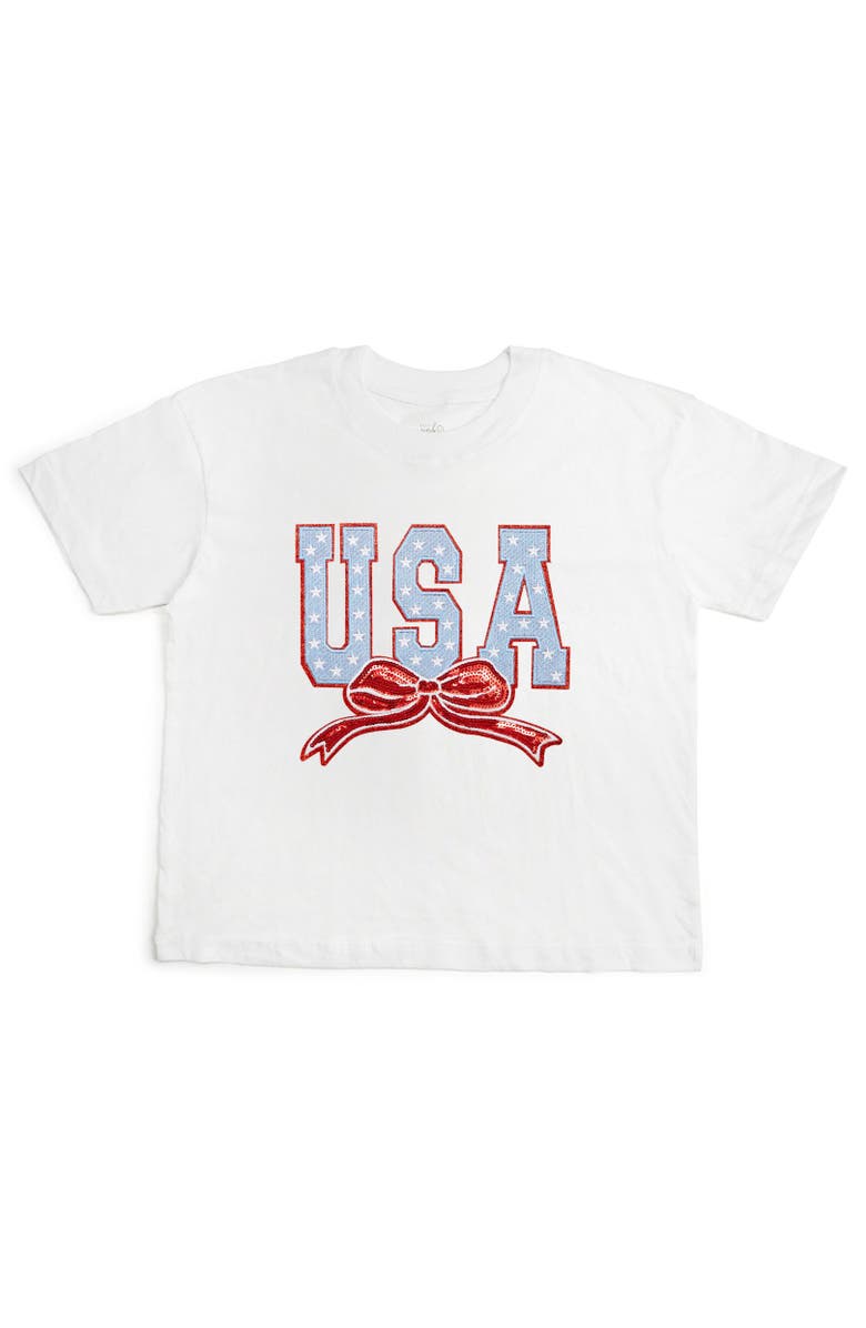 Sweet Wink USA Stars & Bow Patch Women's Short Sleeve T-Shirt, Main, color, White