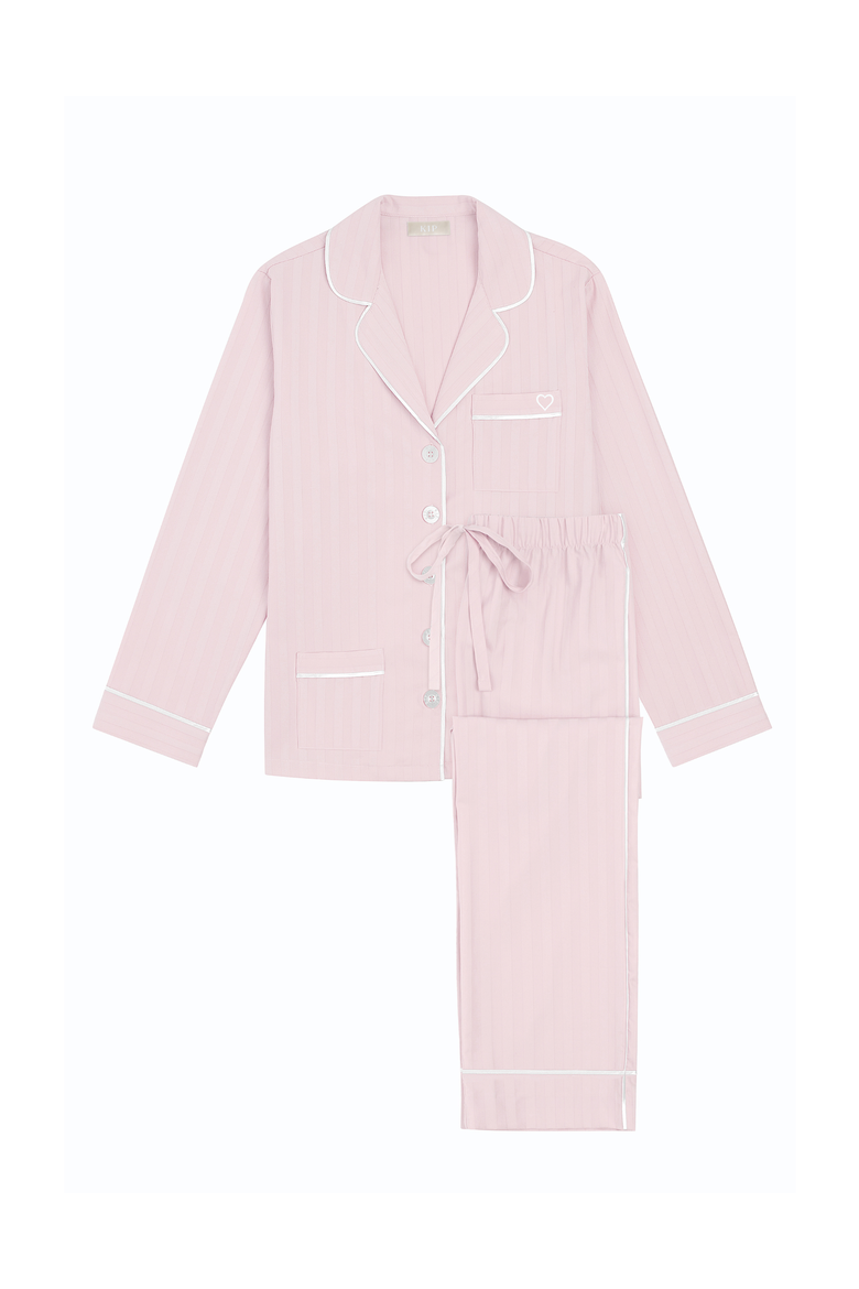 Heart Embroidered Cotton Long Pajama Set, Alternate, color, Pink Peony