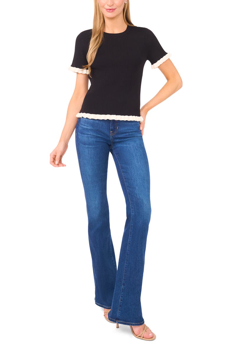 Ruffle Short Sleeve Sweater, Alternate, color, RICH BLACK