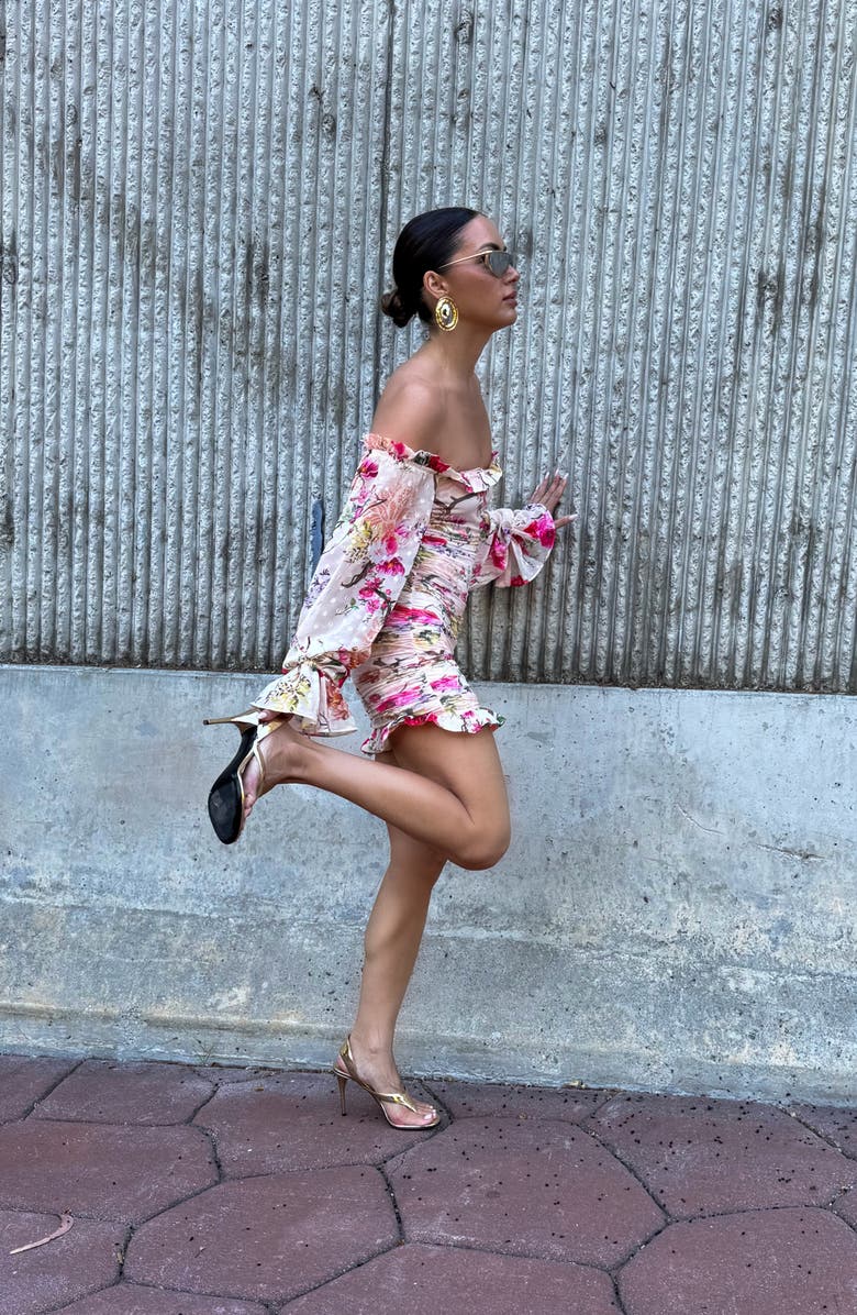 AFRM Claudia Off the Shoulder Long Sleeve Chiffon Minidress, Alternate, color, Sand Summer Rose