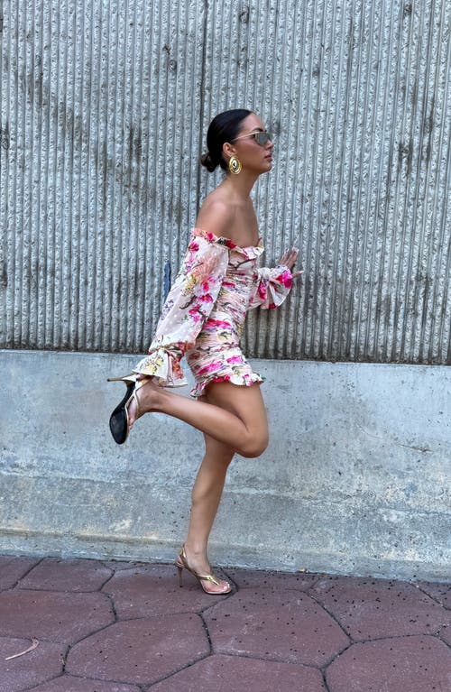 Afrm Claudia Off The Shoulder Long Sleeve Chiffon Minidress In Multi