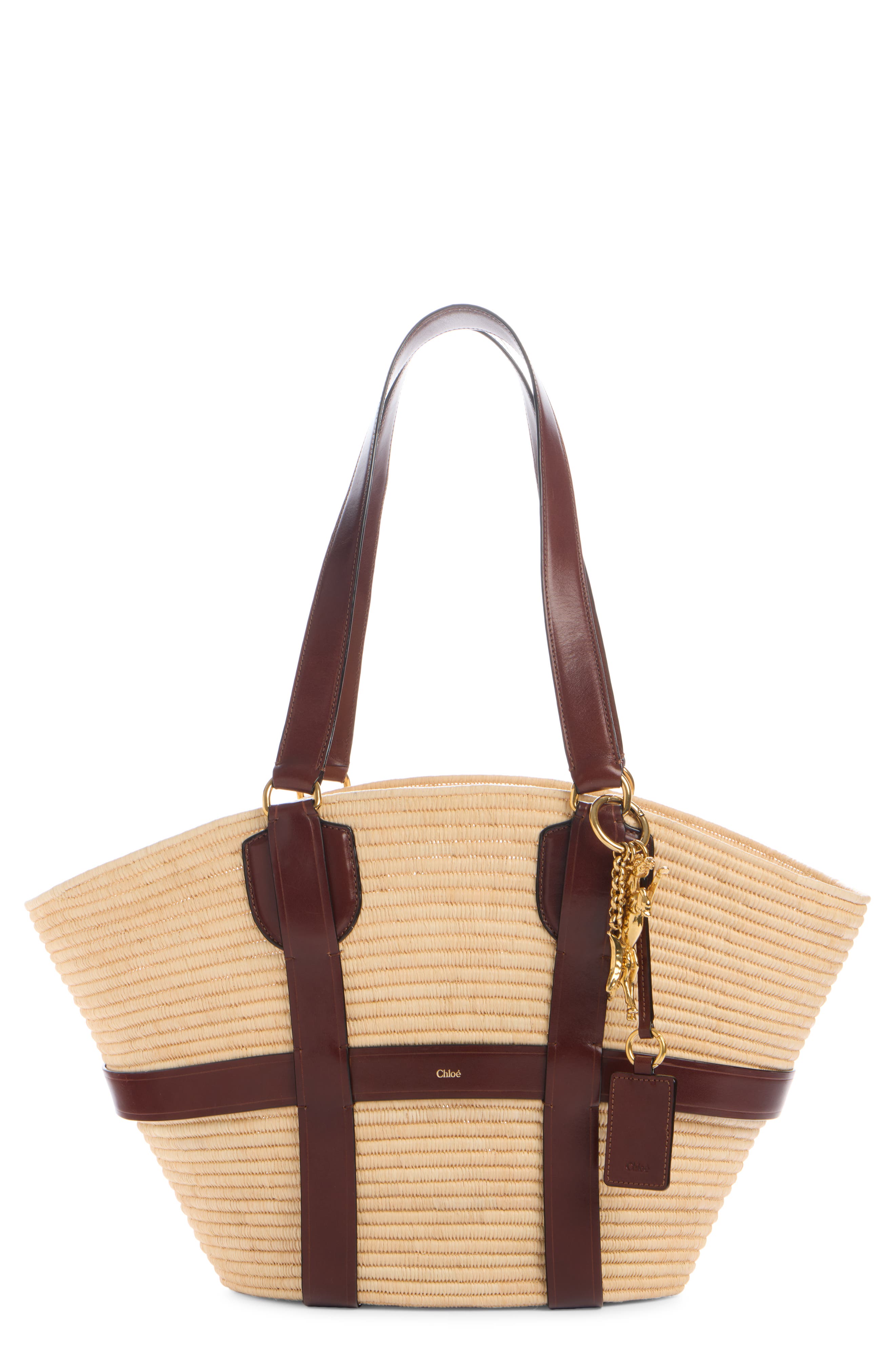 Chloé Kerala Straw & Leather Tote, Main, color, 