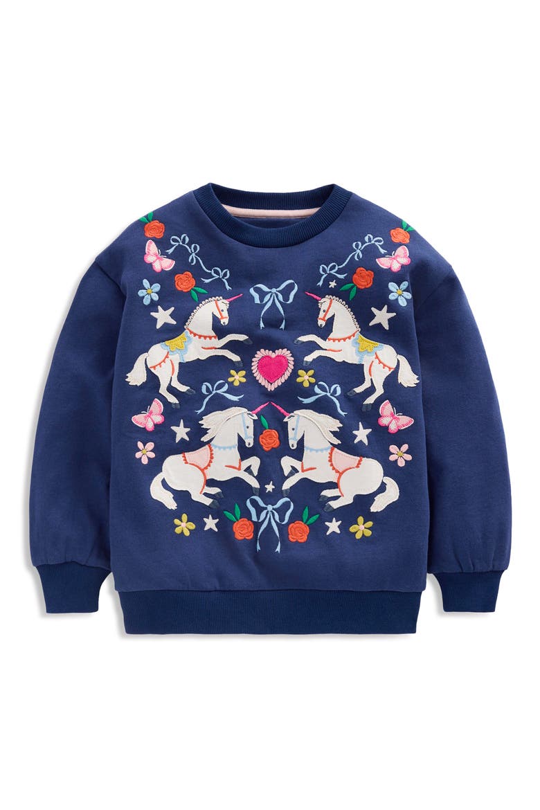 Kids' Bobbie Appliqué Cotton Sweatshirt, Main, color, NAVY UNICORNS