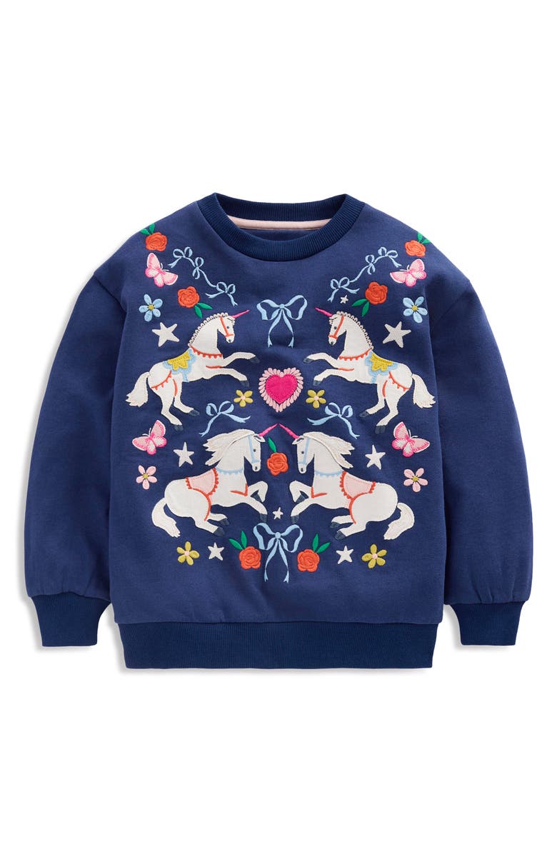 Mini Boden Kids' Bobbie Appliqué Cotton Sweatshirt, Main, color, Navy Unicorns
