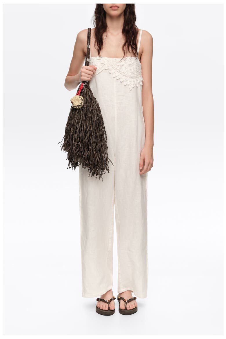 Linen Crochet Neckline Jumpsuit, Main, color, WHITE