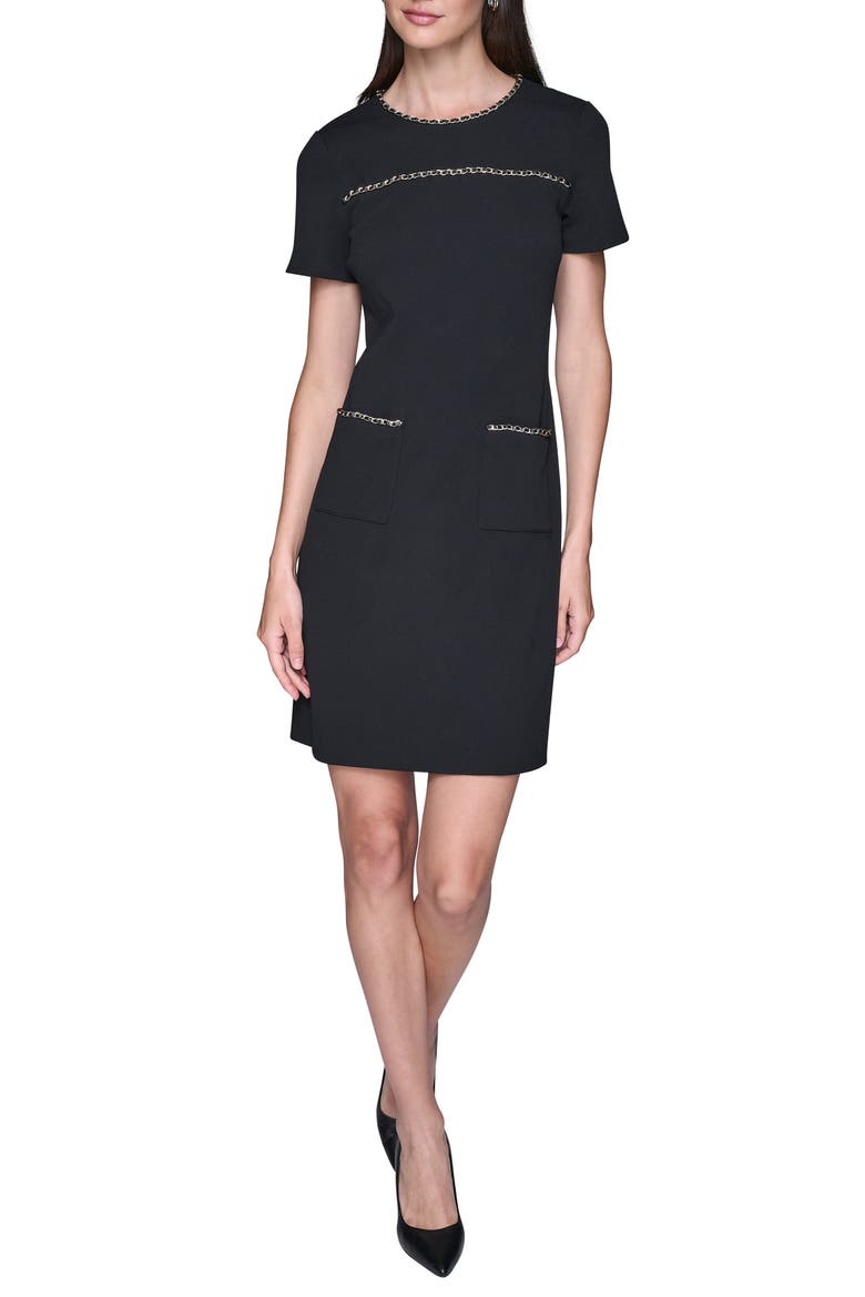 Chain Embellished Scuba Crepe Sheath Dress, Main, color, BLACK
