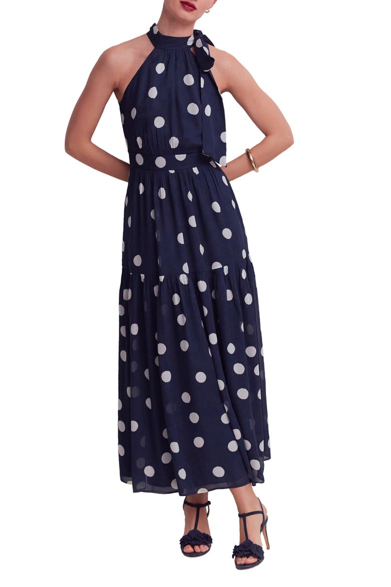 Roisin Tie Neck Maxi Dress, Main, color, NAVY PAINTED DOT SPACED