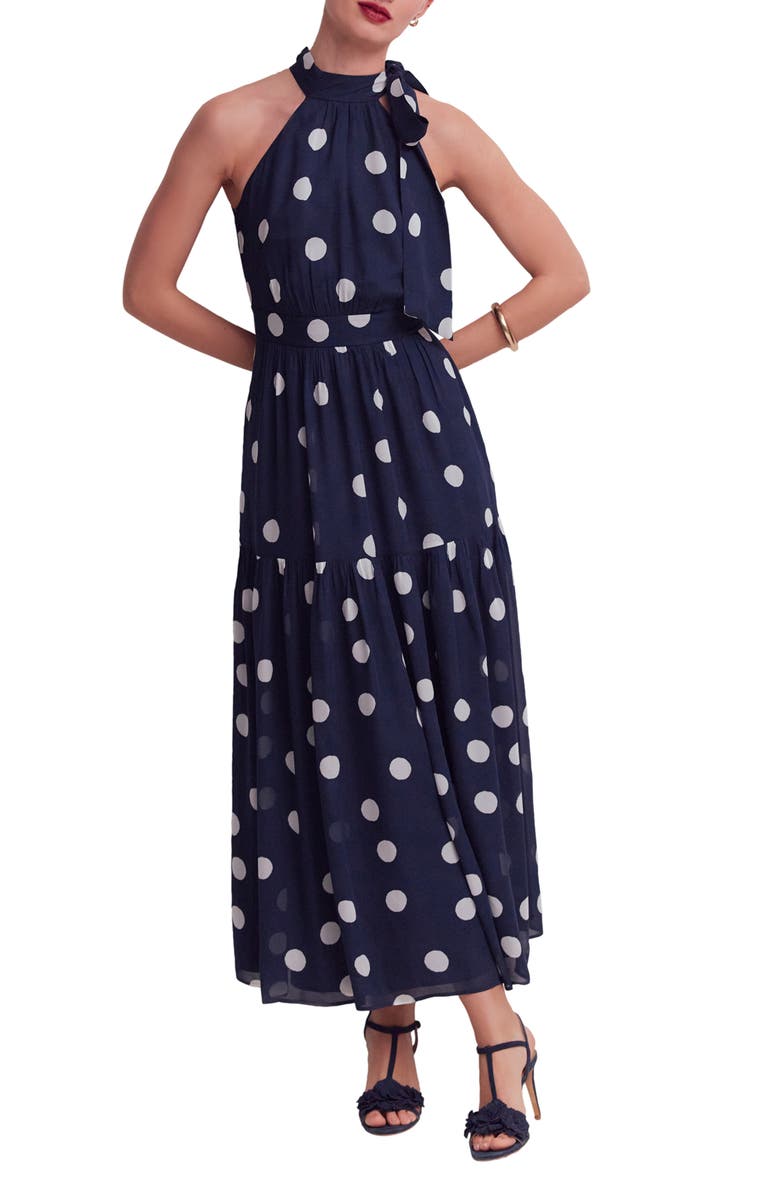 Boden Roisin Tie Neck Maxi Dress, Main, color, Navy Painted Dot Spaced