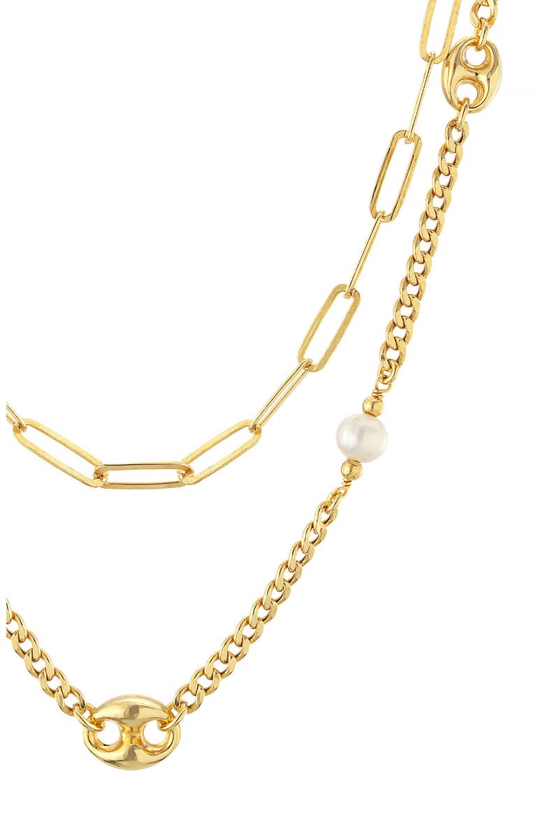 Cultured Pearl Double Chain Necklace, Alternate, color, GOLD