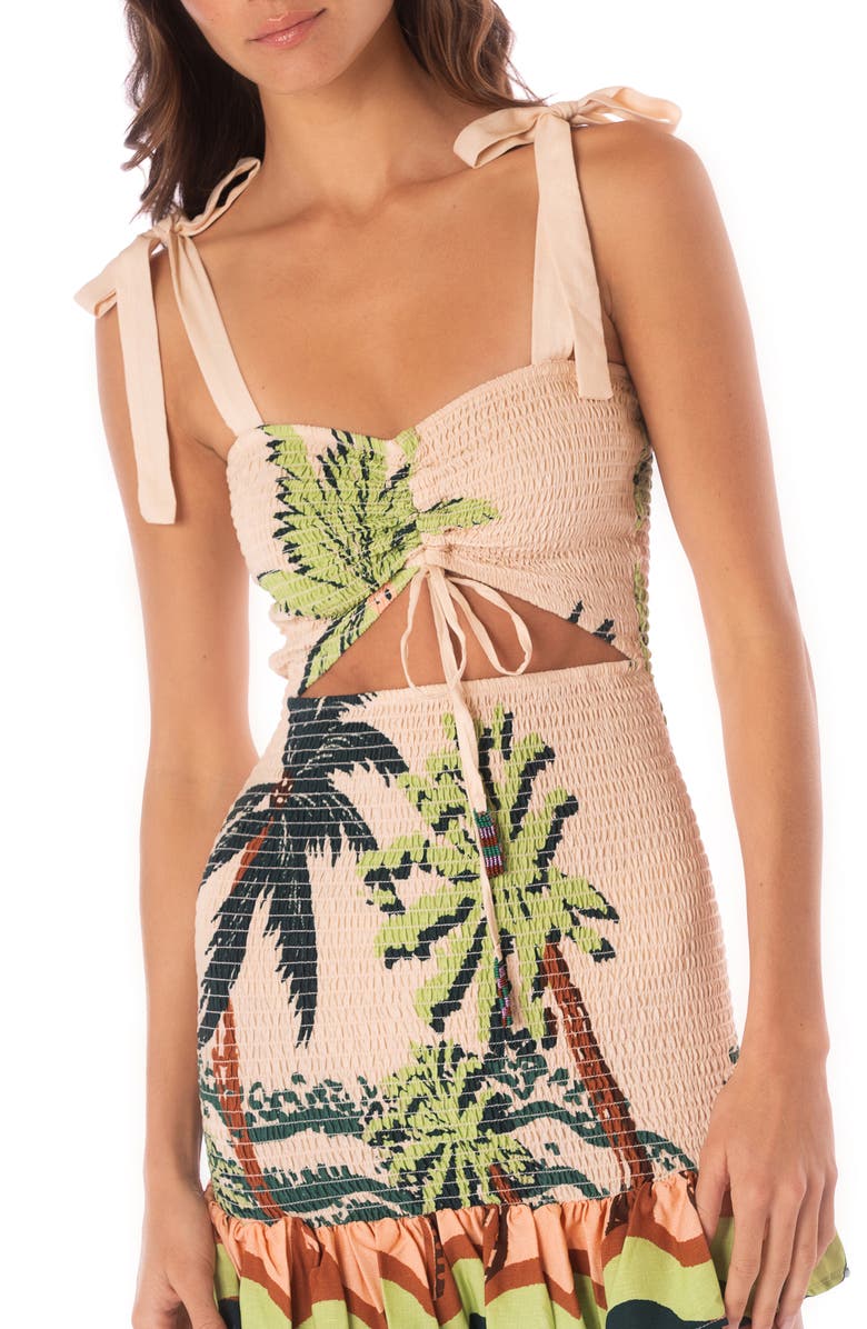 Maaji Palm Glow Lua Smocked Multifit Cover-Up Minidress, Alternate, color, Cream