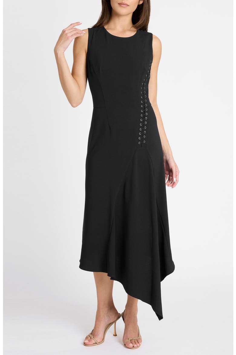 Kylie Sleeveless Asymmetric Midi Crepe Dress, Alternate, color, BLACK
