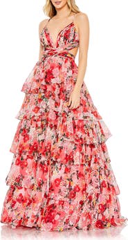 Mac Duggal Floral Printed Chiffon Ruffle Tiered Cut Out Ballgown
