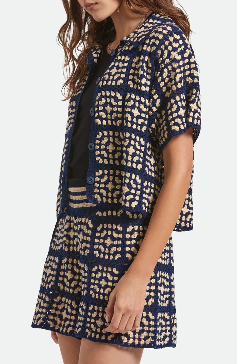 Brixton Cotton Crochet Short Sleeve Button-Up Sweater, Alternate, color, Mood Indigo/ Off White