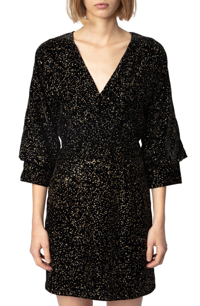 Zadig & Voltaire Rosli Glitter Dots Elbow Sleeve Tie Waist Dress, Alternate, color, 