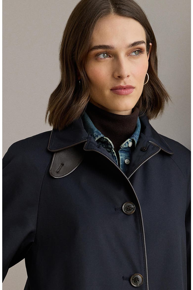 Balmacaan Single Breasted Raincoat with Faux Leather Trim, Alternate, color, DK NAVY