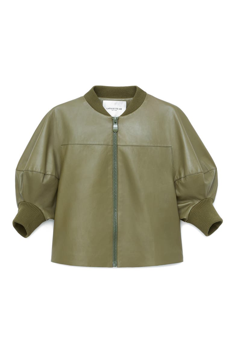 Lantern Sleeve Leather Crop Jacket, Alternate, color, TARRAGON