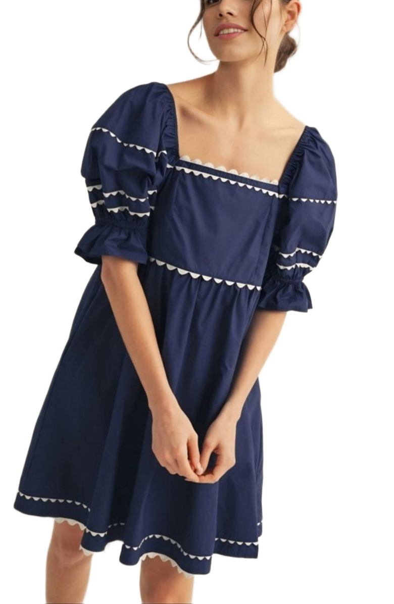 Knit and Lounge Puff-Sleeve Contrast Trim Mini Dress, Main, color,