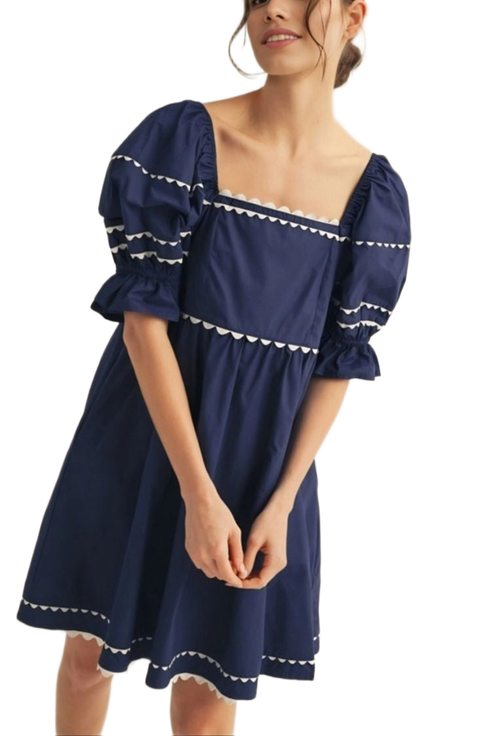 Puff-Sleeve Contrast Trim Mini Dress