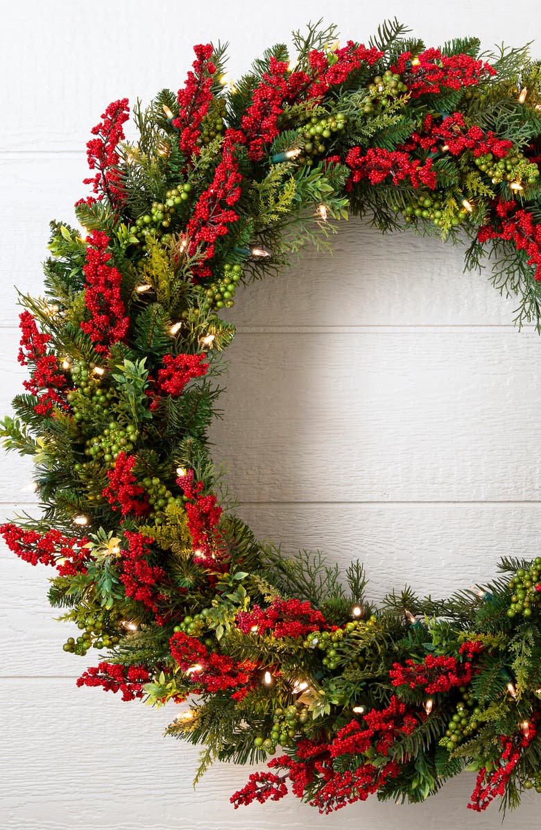 Balsam Hill Outdoor Pre Lit Berry Burst Wreath, Alternate, color, Led Clear
