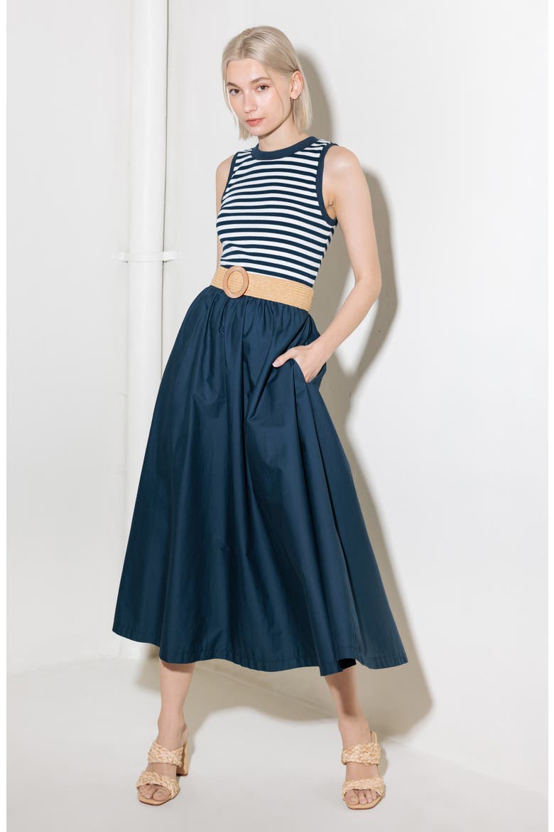 Belted Mixed Media Midi Dress, Alternate, color, NAVY MIX