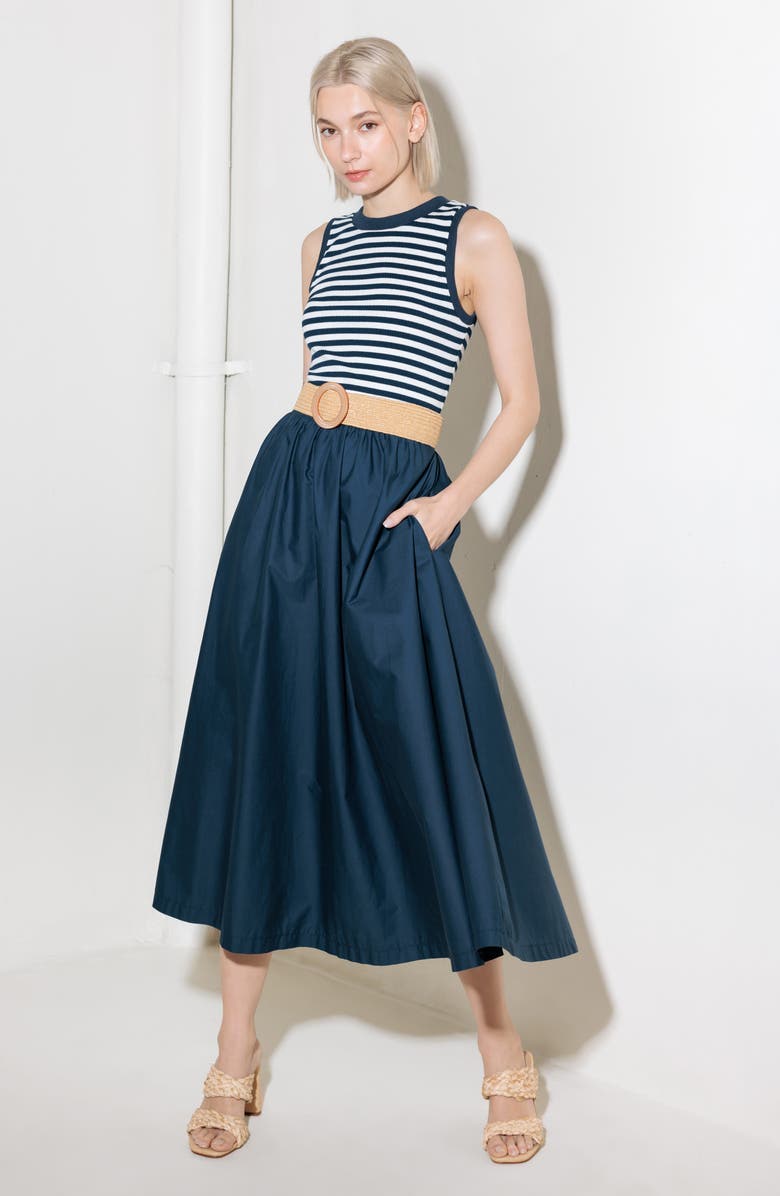 FREEMARKET Belted Mixed Media Midi Dress, Alternate, color, Navy Mix