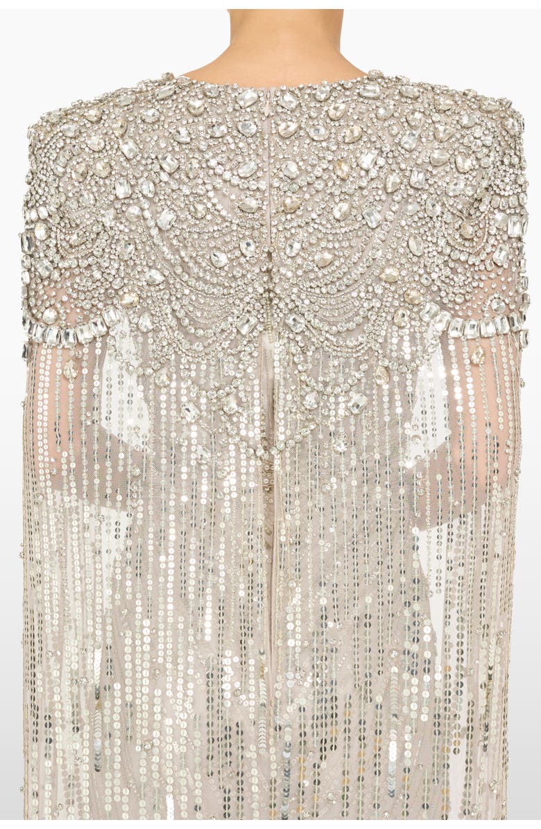 Jenny Packham Lotus Lady Sequin-Embellished Cape Gown, Alternate, color, Platinum