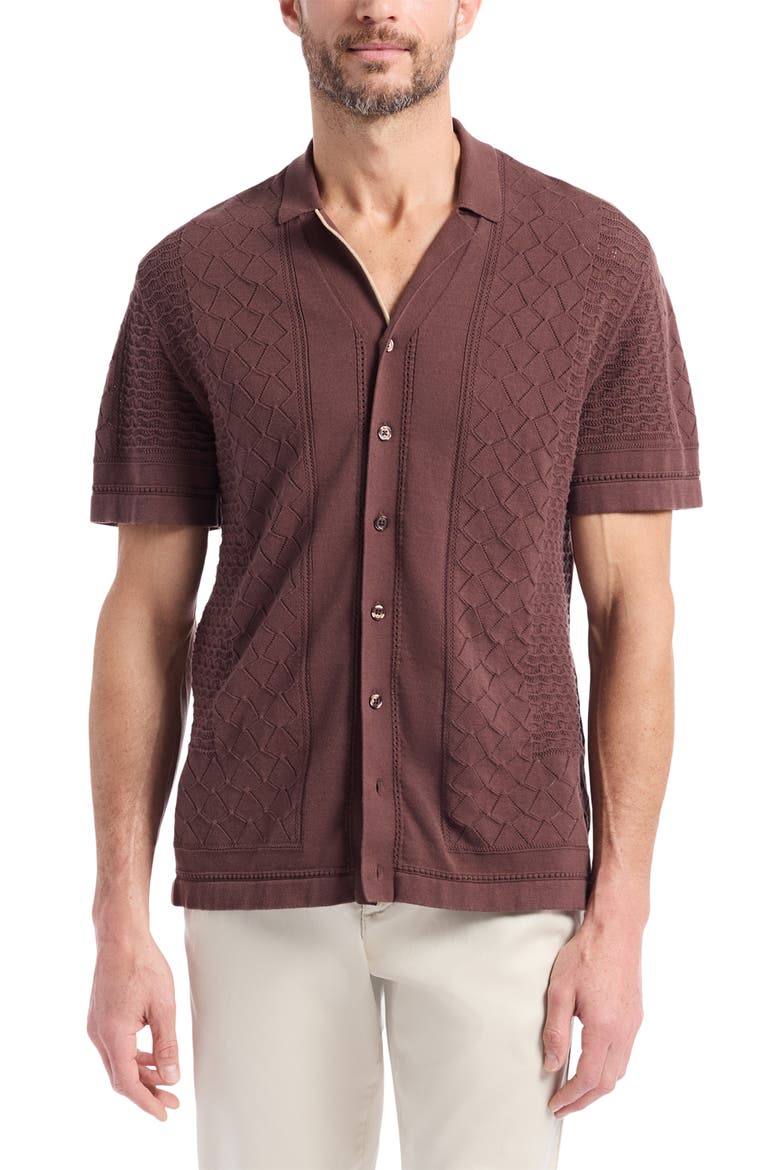 Delmar Short Sleeve Cotton Pointelle Button-Up Sweater, Main, color, BROWN