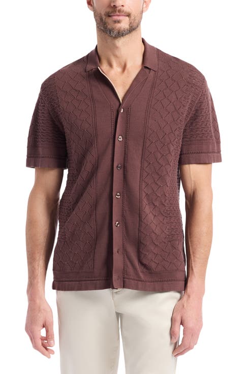 Delmar Short Sleeve Cotton Pointelle Button-Up Sweater