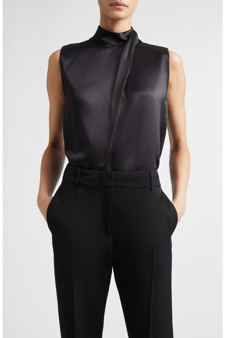 Twist Mock Neck Sleeveless Silk Satin Top, Main, color, 22 BLACK