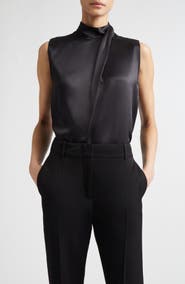 Eleventy Twist Mock Neck Sleeveless Silk Satin Top