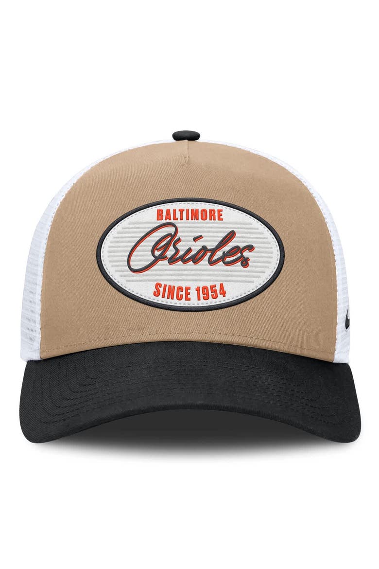 Men's Nike  Khaki/Black Baltimore Orioles Rise A-Frame Trucker Adjustable Hat, Alternate, color, Khaki