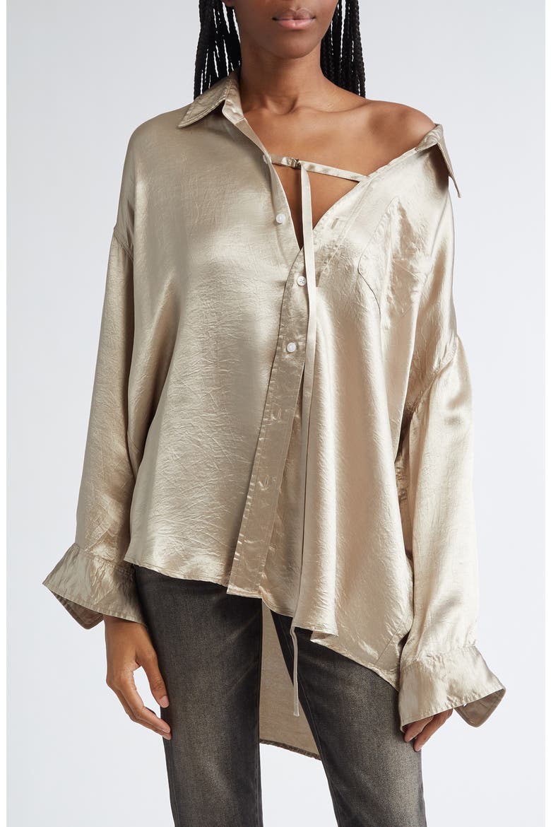 Drop Neck Satin Button-Up Shirt with Strap, Main, color, BEIGE