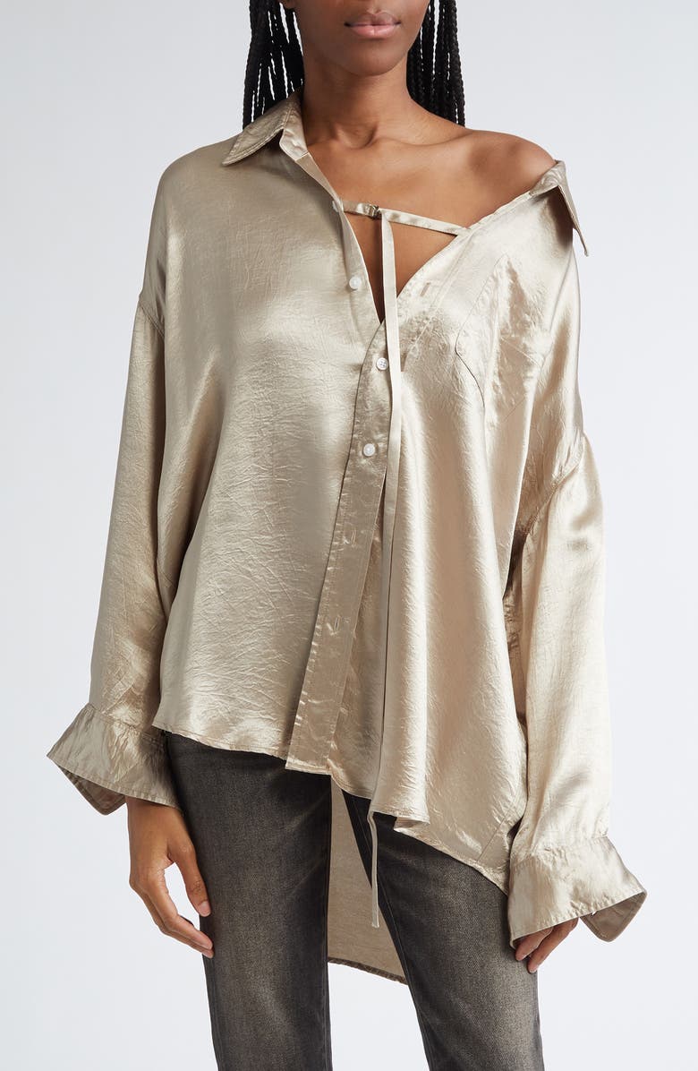 R13 Drop Neck Satin Button-Up Shirt with Strap, Main, color,