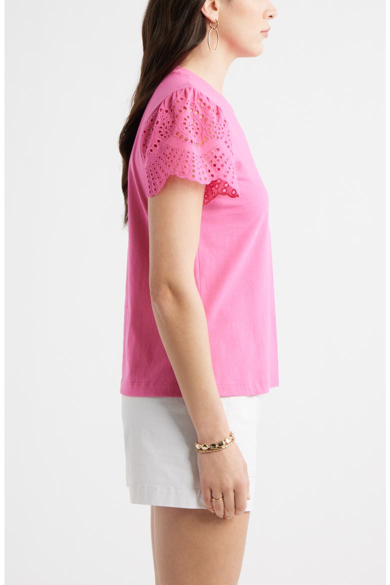 Eyelet Sleeve Mixed Media T-Shirt, Alternate, color, PINK SHOCK
