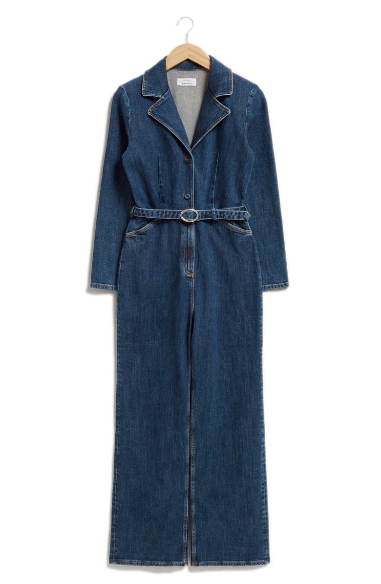 & Other Stories Belted Long Sleeve Denim Jumpsuit, Main, color,