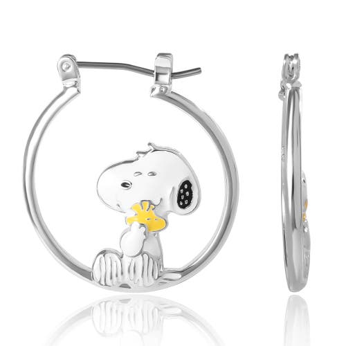 Peanuts Snoopy Hugging Woodstock Enamel Hoop Earrings In Metallic