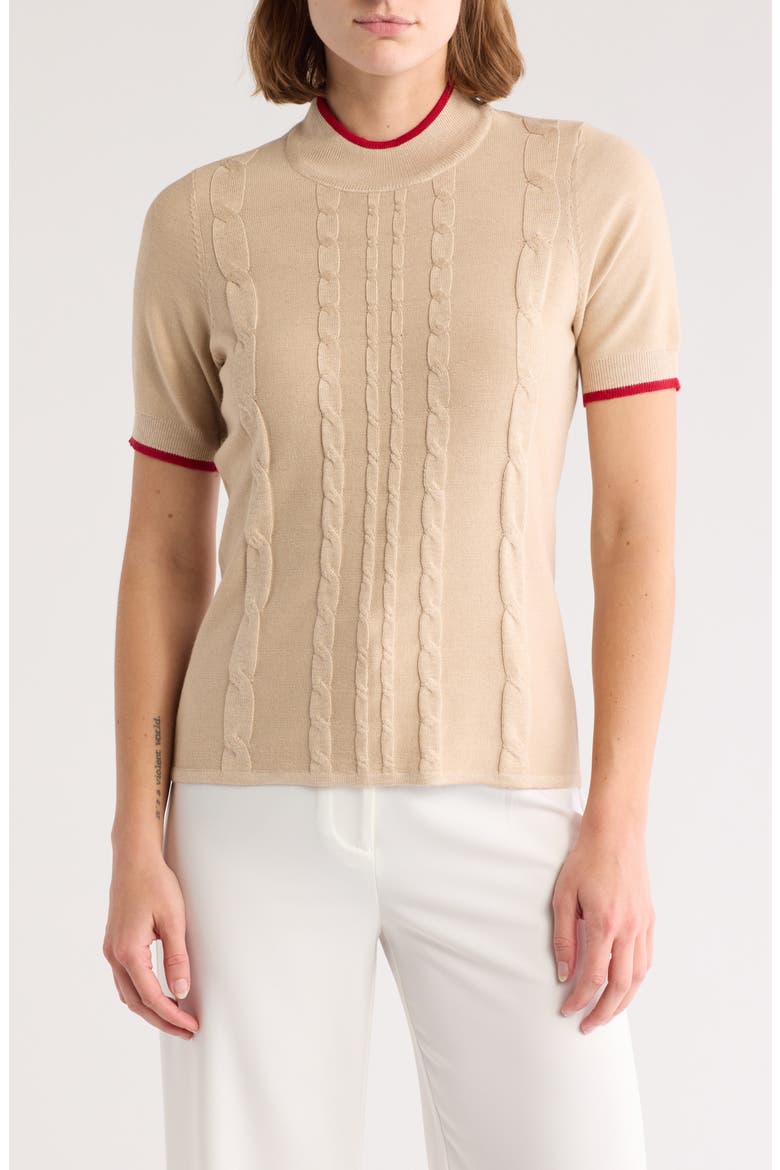 Romy Mock Neck Short Sleeve Cable Knit Sweater, Main, color, OATMEALHTHR/ TANGO R