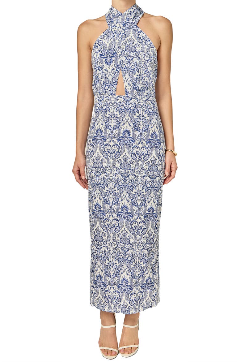 Print Cutout Halter Maxi Dress, Main, color, BLUE