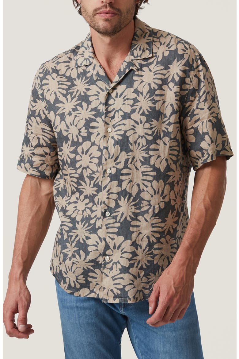 Bloom Print Short Sleeve Linen Button-Up Shirt, Alternate, color, TWINE