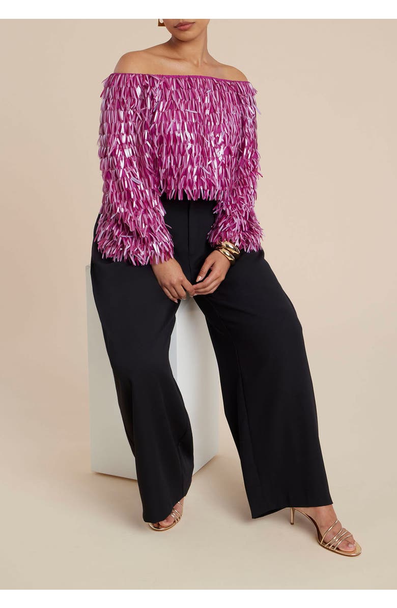 ELOQUII Fringe Sequin Off The Shoulder Top, Alternate, color, 