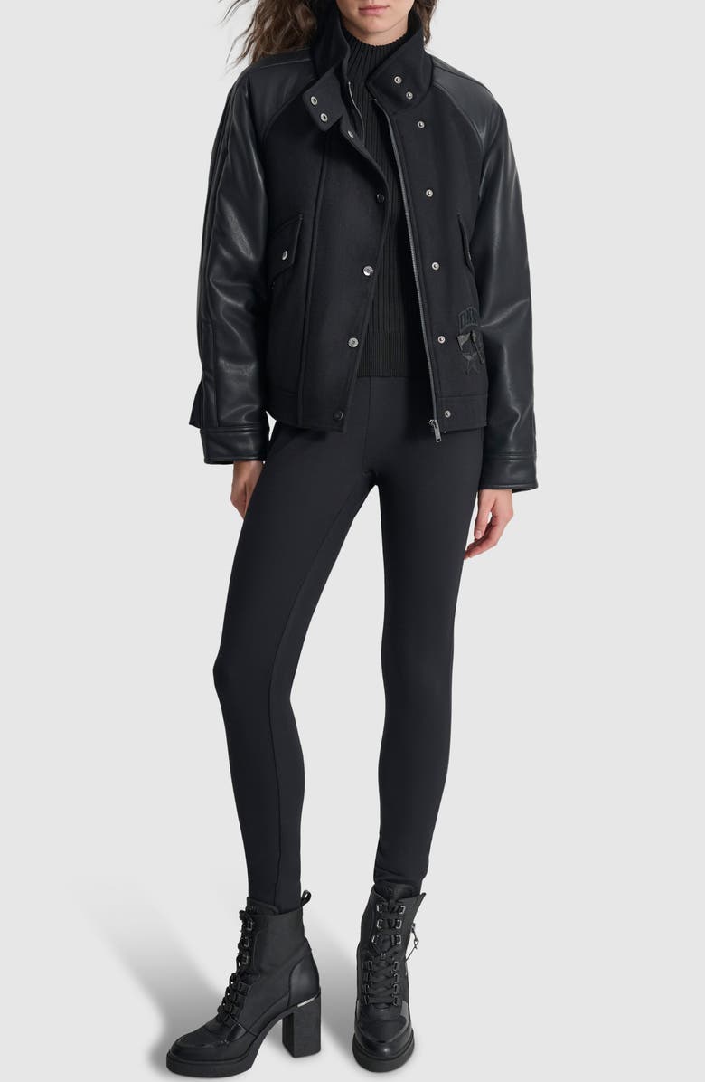 DKNY Logo Patch Mixed Media Wool Blend Bomber Jacket, Alternate, color, 