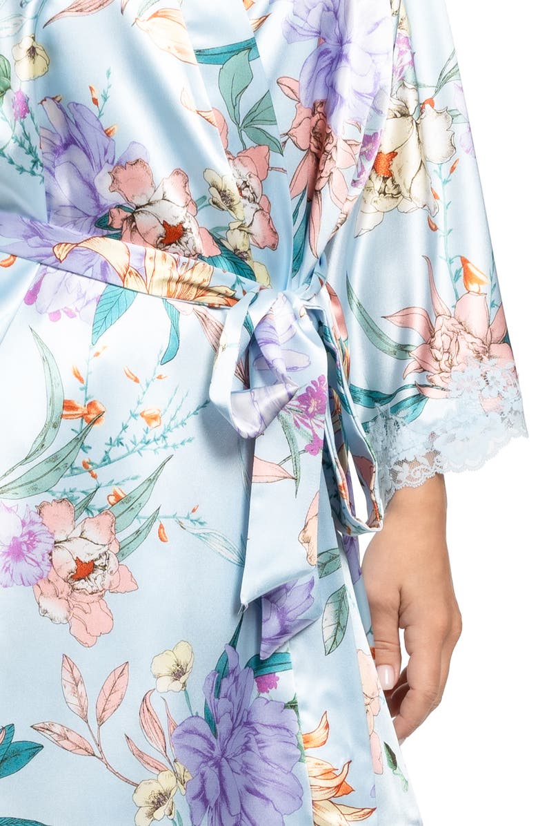 In Bloom by Jonquil Josie Lace Trim Stretch Satin Robe, Alternate, color, Sky Blue